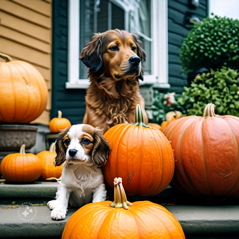 Two dogs sit among pumpkins on a front porch