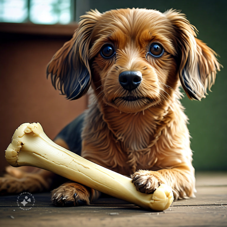 Puppy resting its paws on a chew bone indoors