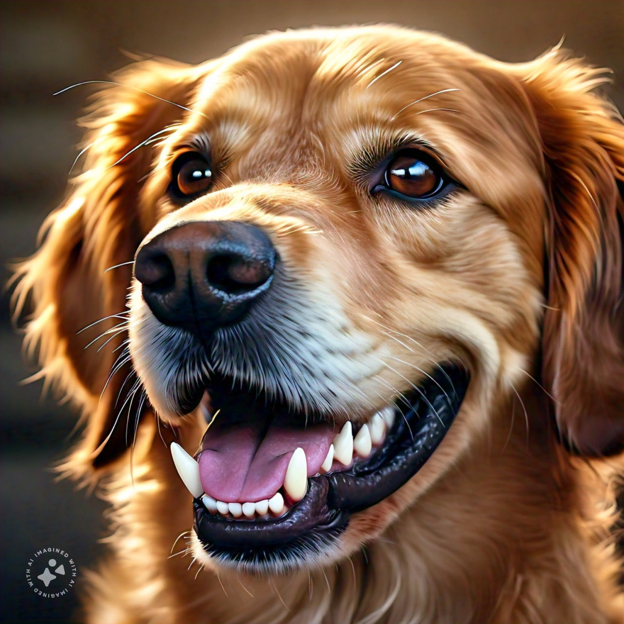 Golden dog smiles, showing bright white teeth in a close-up portrait