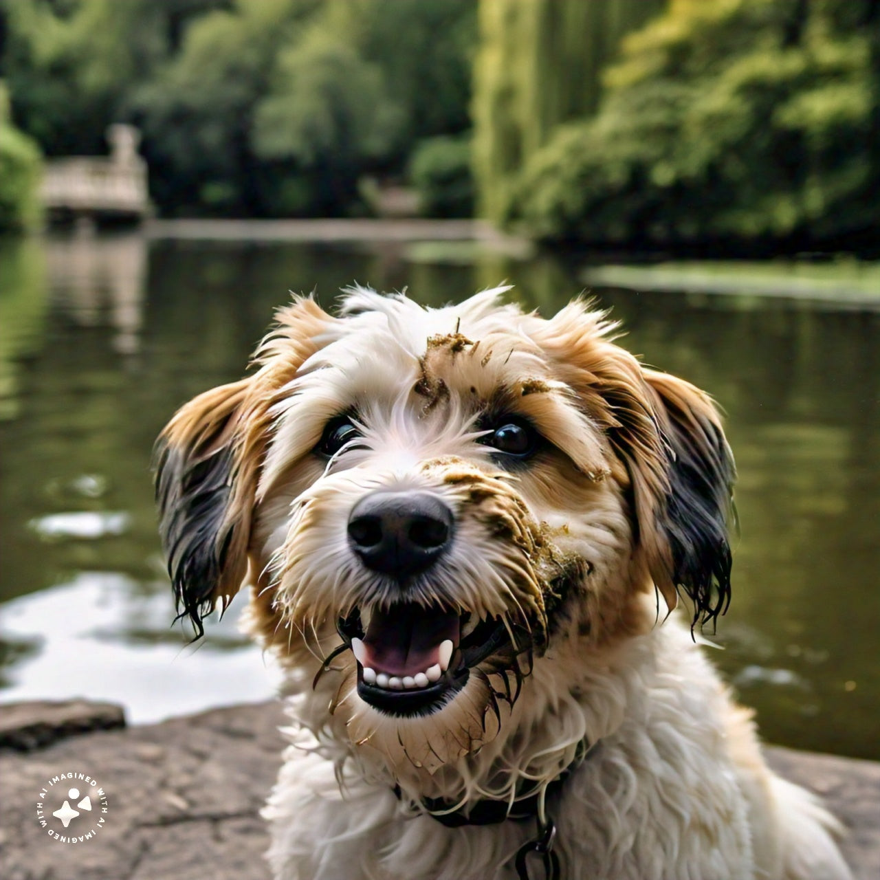 Wet dog smiling in a pond with greenery in the background