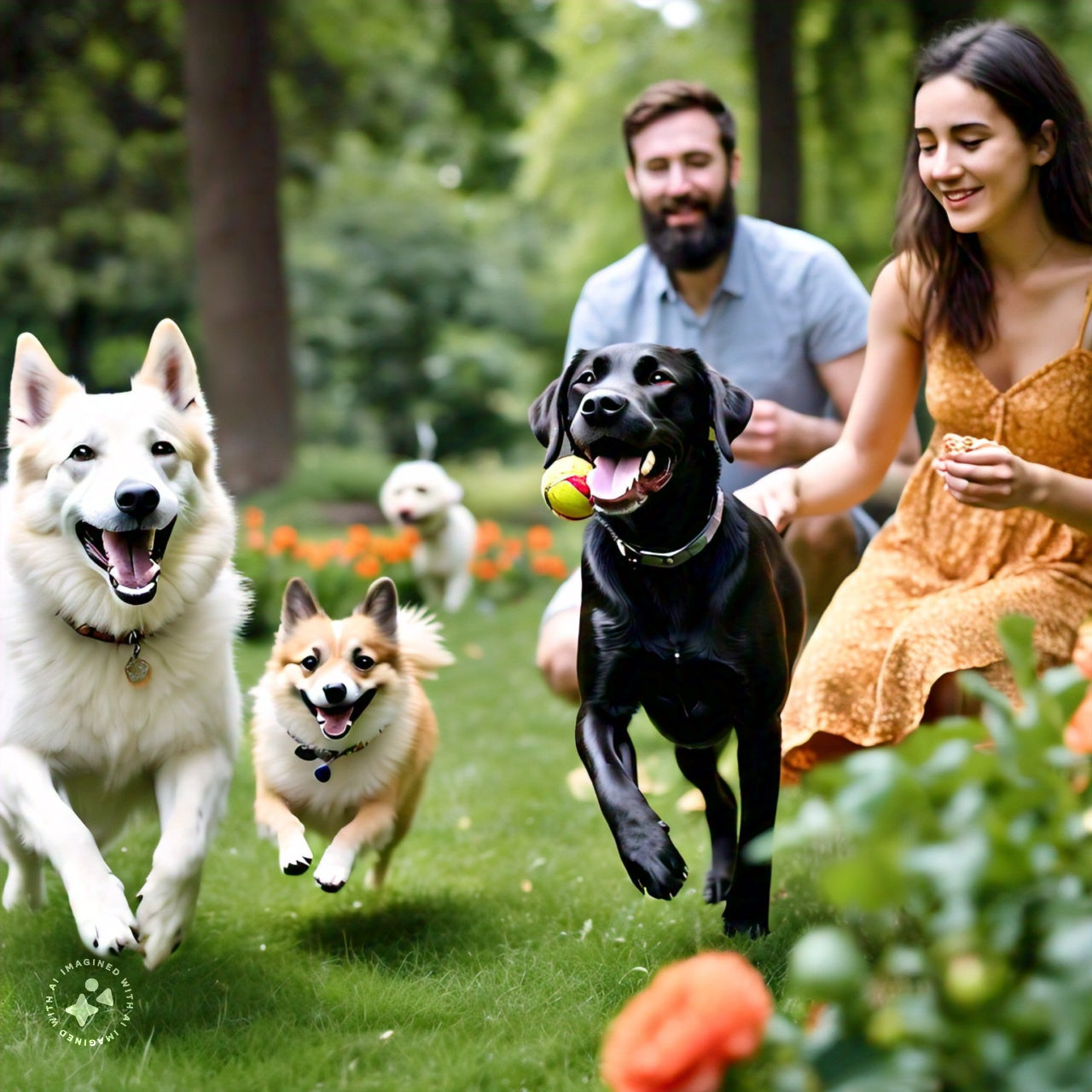 Four dogs play in a garden while two owners sit nearby