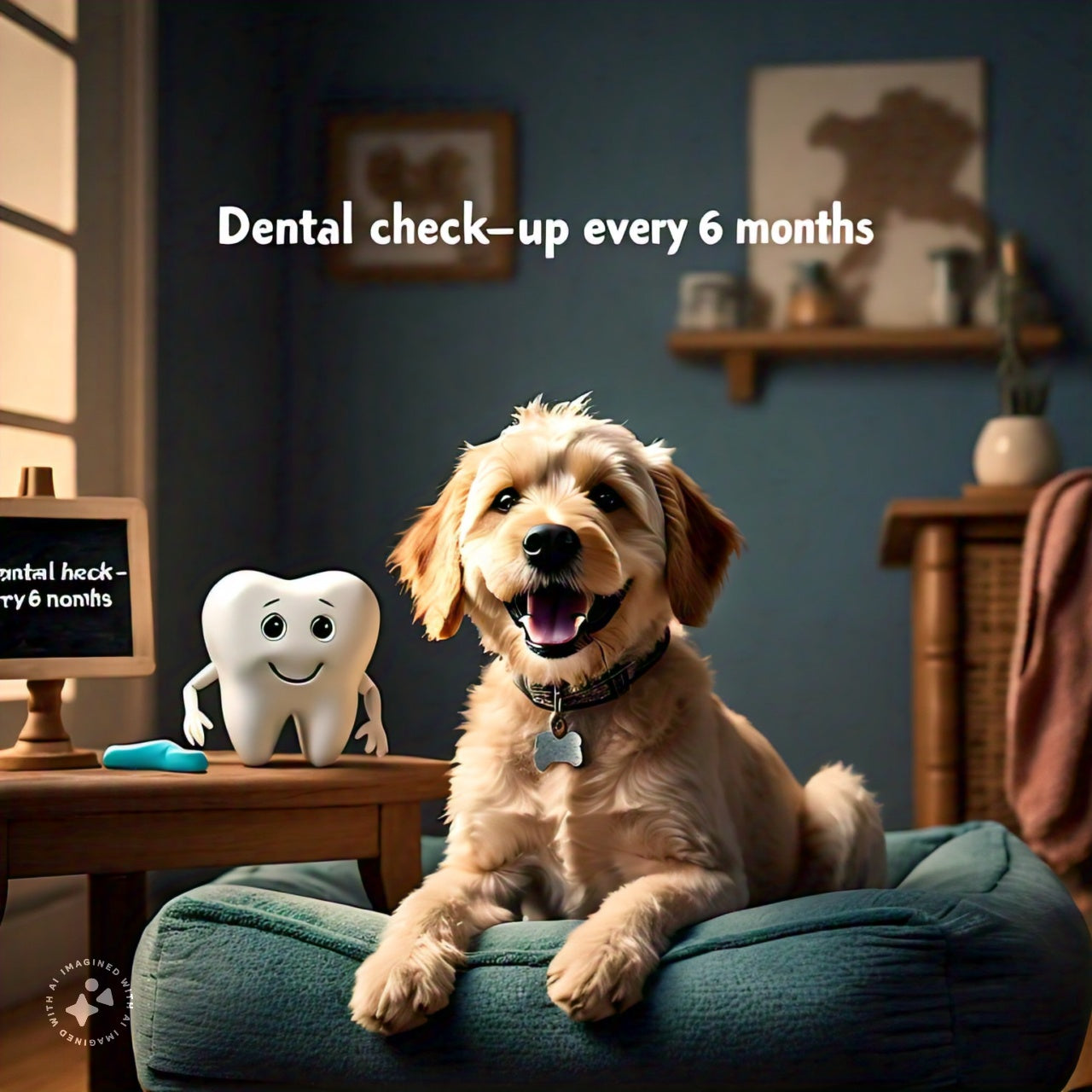 Dog sitting on a bed beside a smiling tooth character and blue chew toy, with a six-month dental check-up reminder