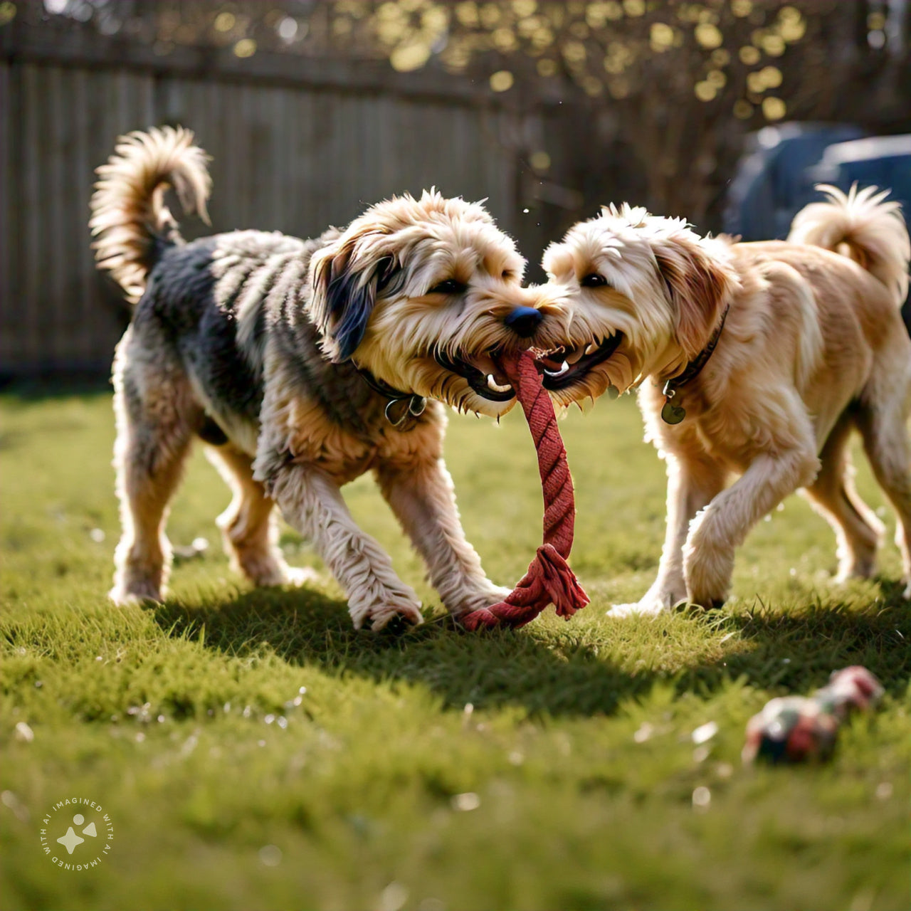Two dogs playing tug of war with a rope toy outdoors on grass