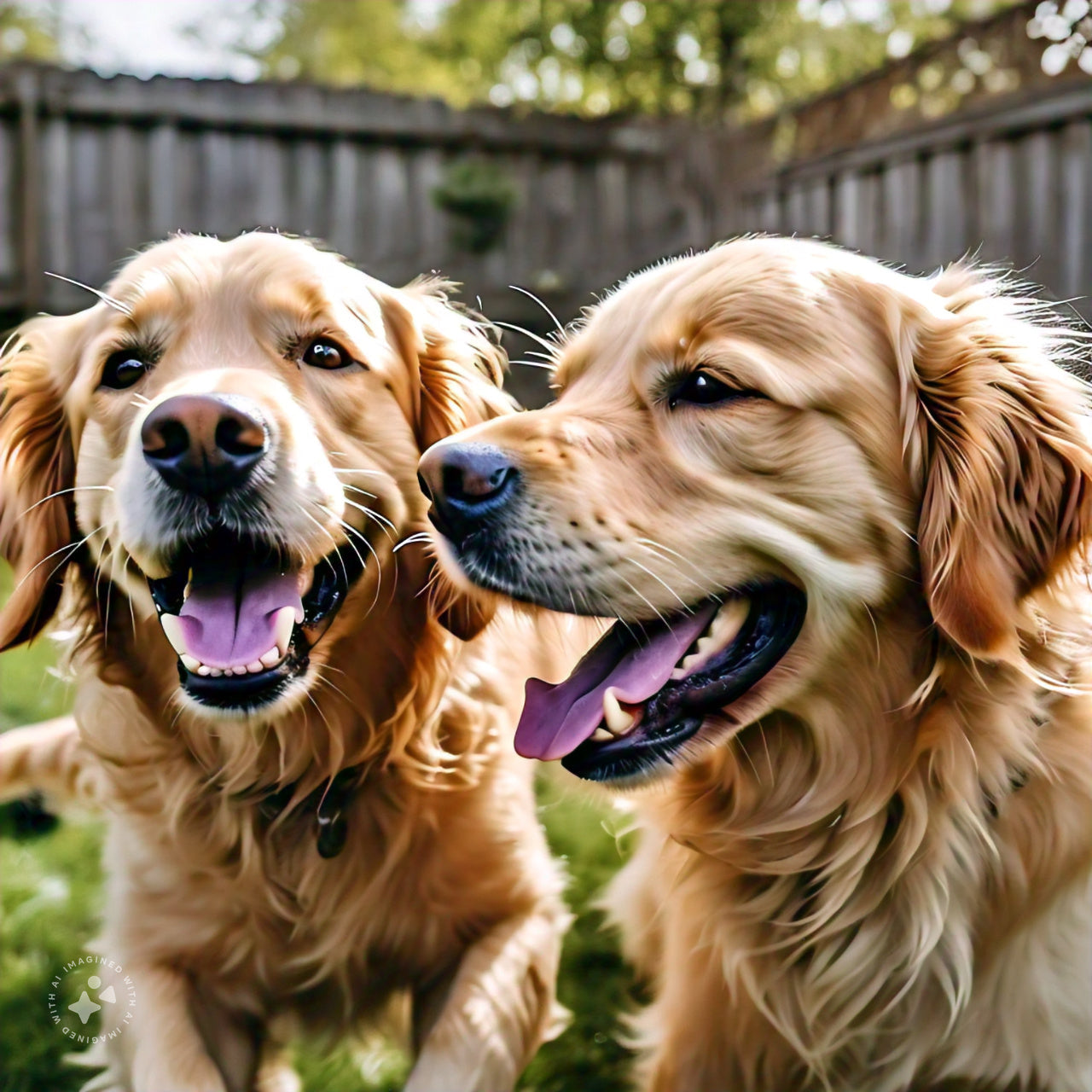 Two golden retrievers sit together with their mouths open in a fenced backyard