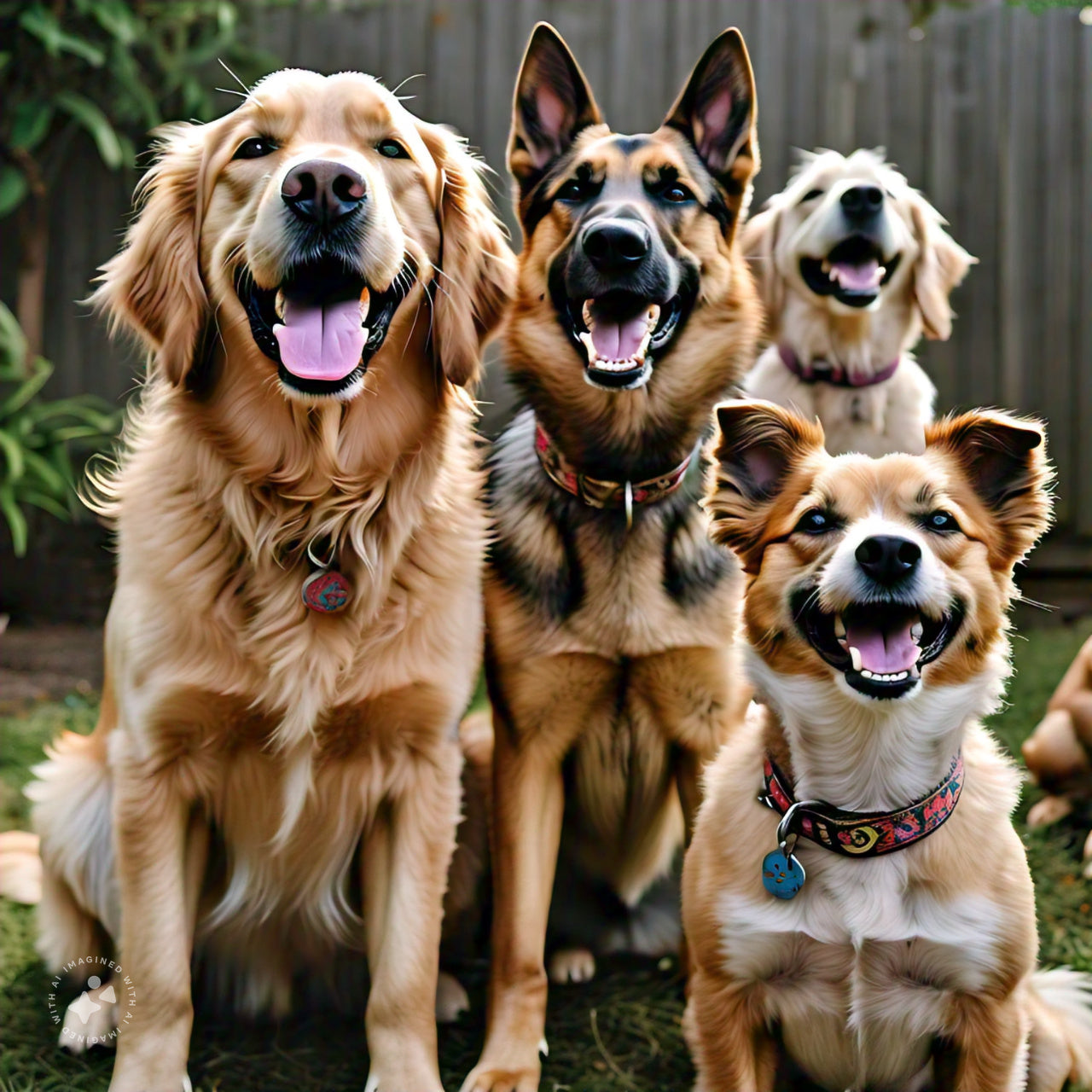 Four dogs pose outdoors with open mouths in front of a wooden fence