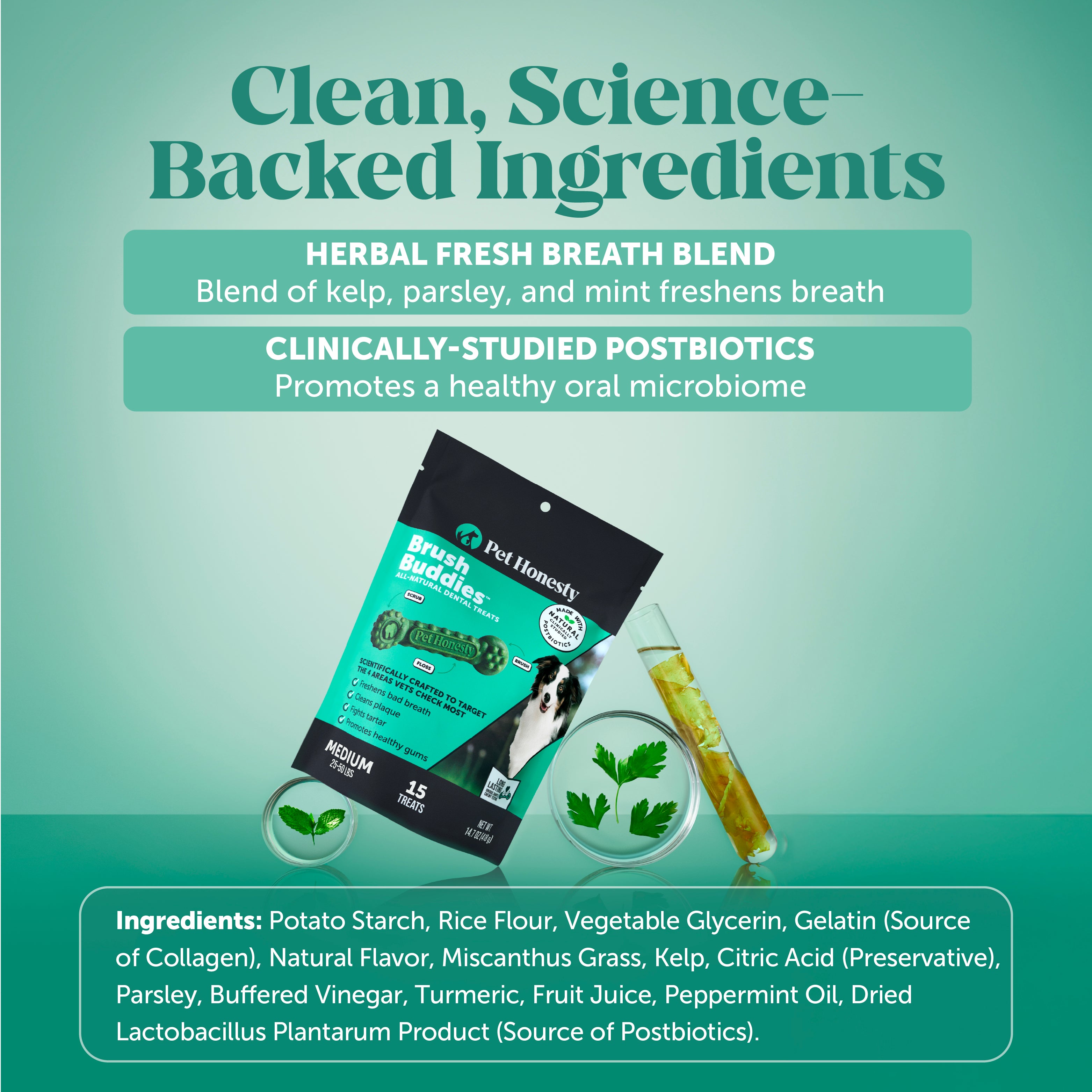 Brush Buddies All-Natural + Long Lasting Dental Treats for Medium Sized Dogs - 15 Count