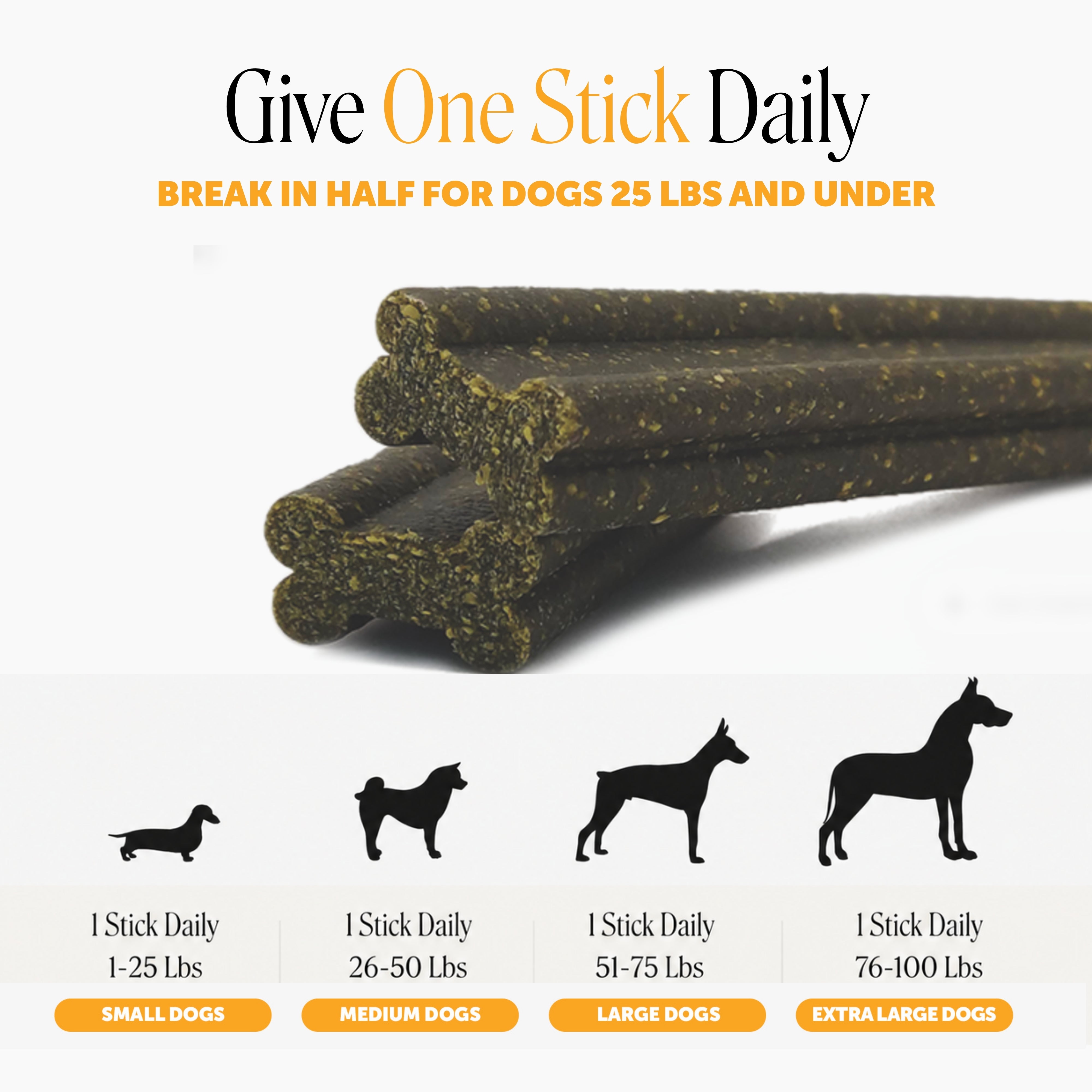 Close-up of Allergy Support Fresh Sticks for Dogs with text: Give one stick daily; break in half for dogs 25 lbs and under