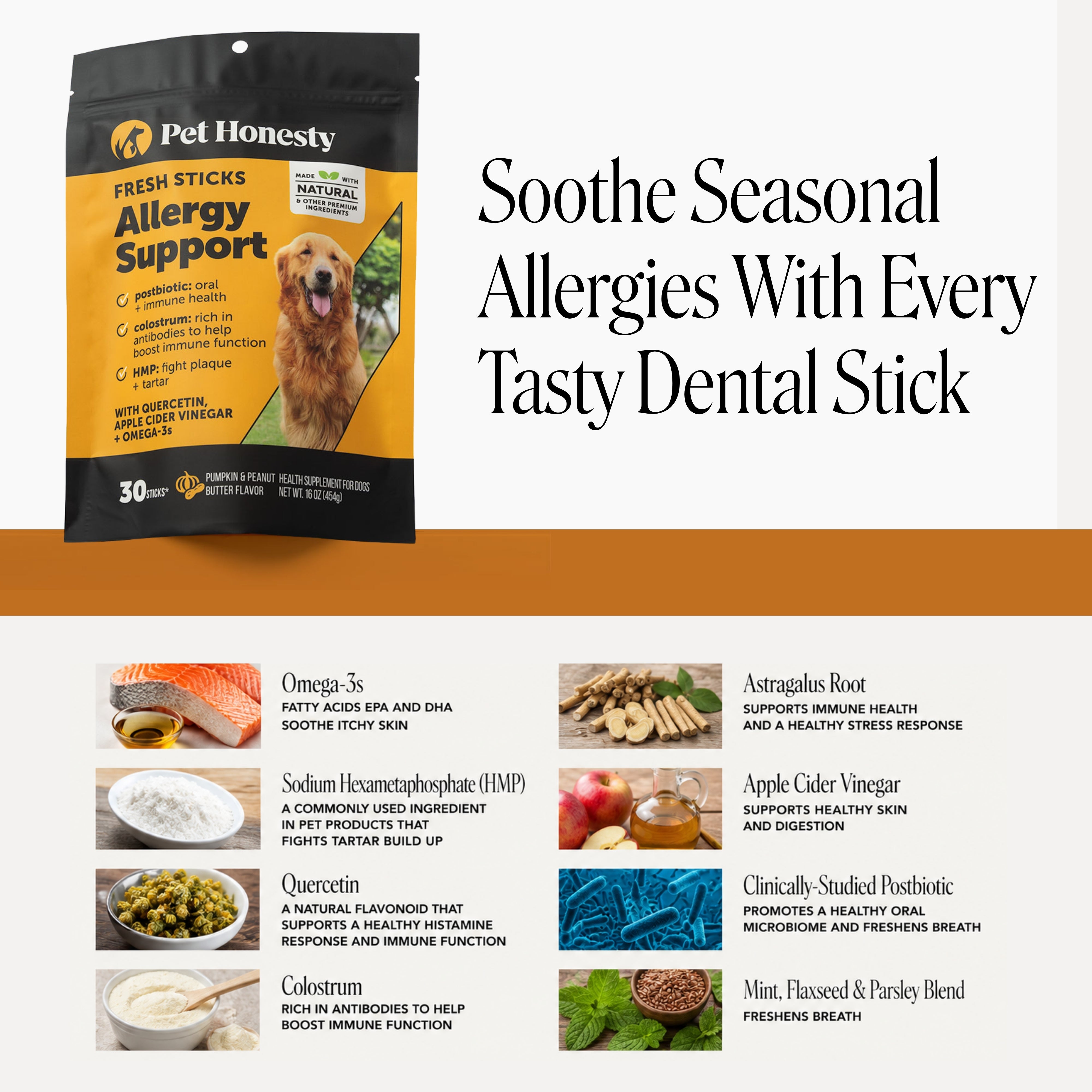 Infographic showing Pet Honesty Allergy Support Fresh Sticks for dogs, pumpkin and peanut butter flavor, and ingredient benefits