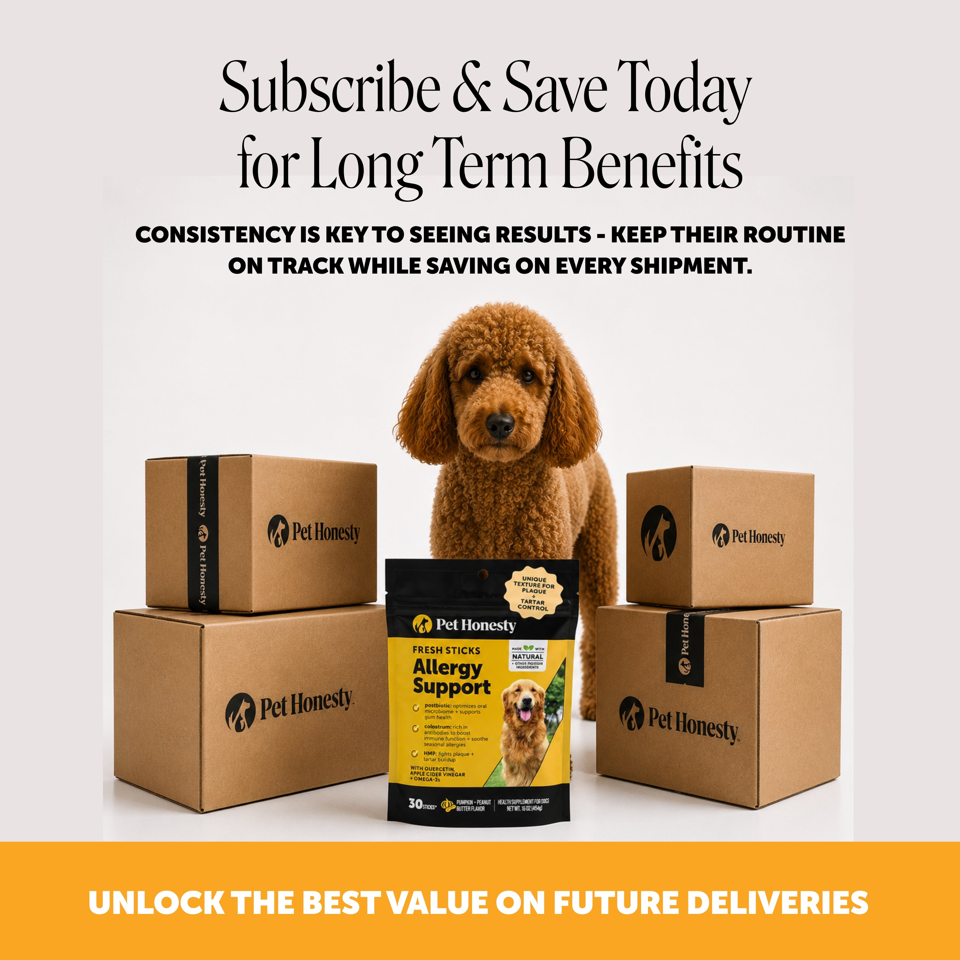 Front view of Allergy Support Fresh Sticks pouch with dog and shipping boxes; Subscribe & Save Today for Long Term Benefits