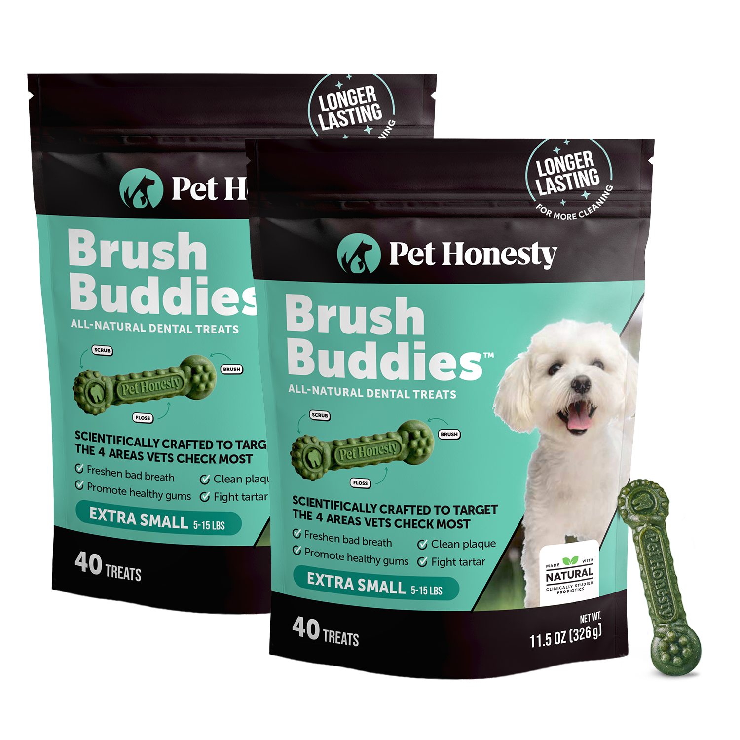 Front view of Brush Buddies treats for extra small dogs with two 40-treat bags and green dental chew, transparent background