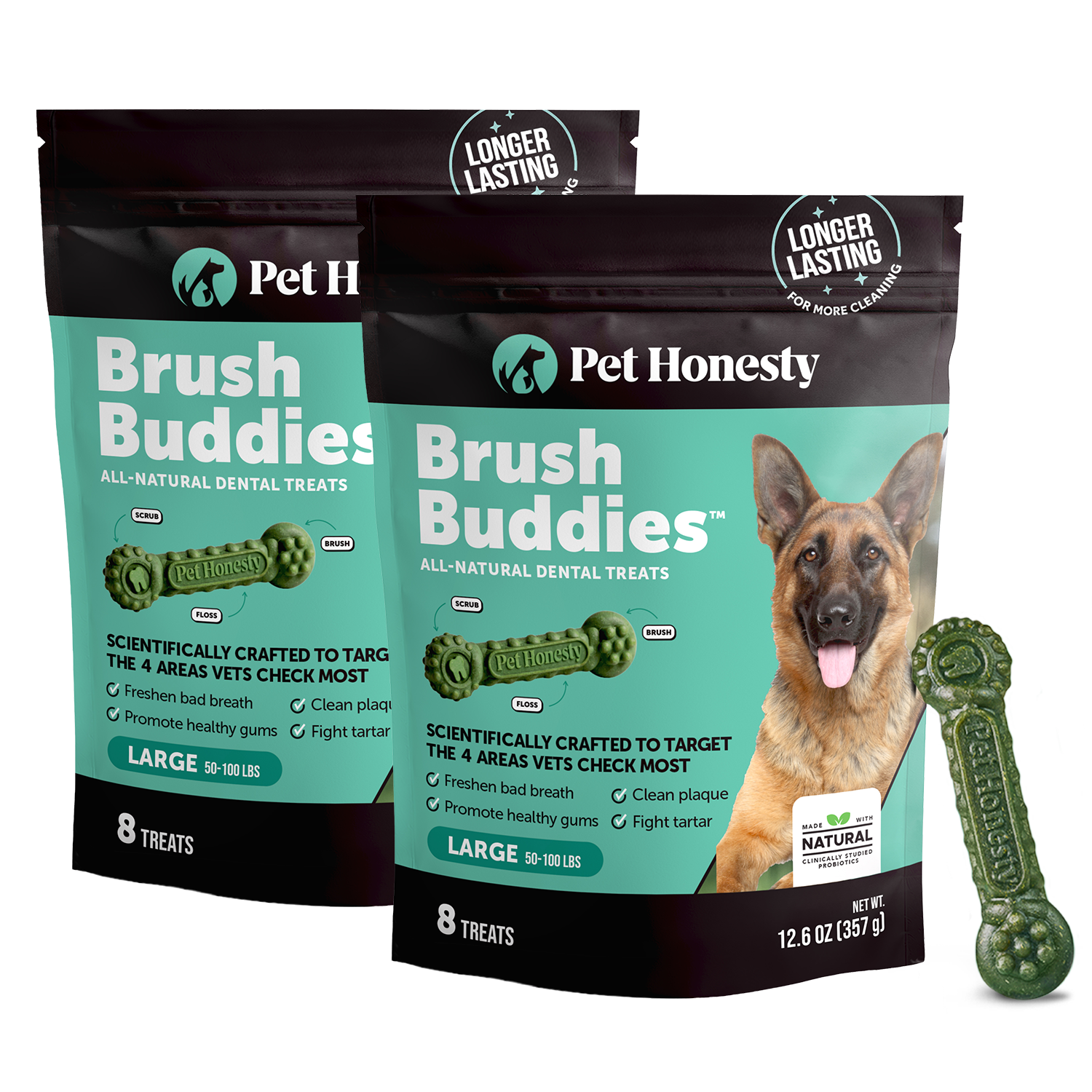 Brush Buddies All-Natural + Long Lasting Dental Treats for Large Sized Dogs - 2 Pack (16 Count)