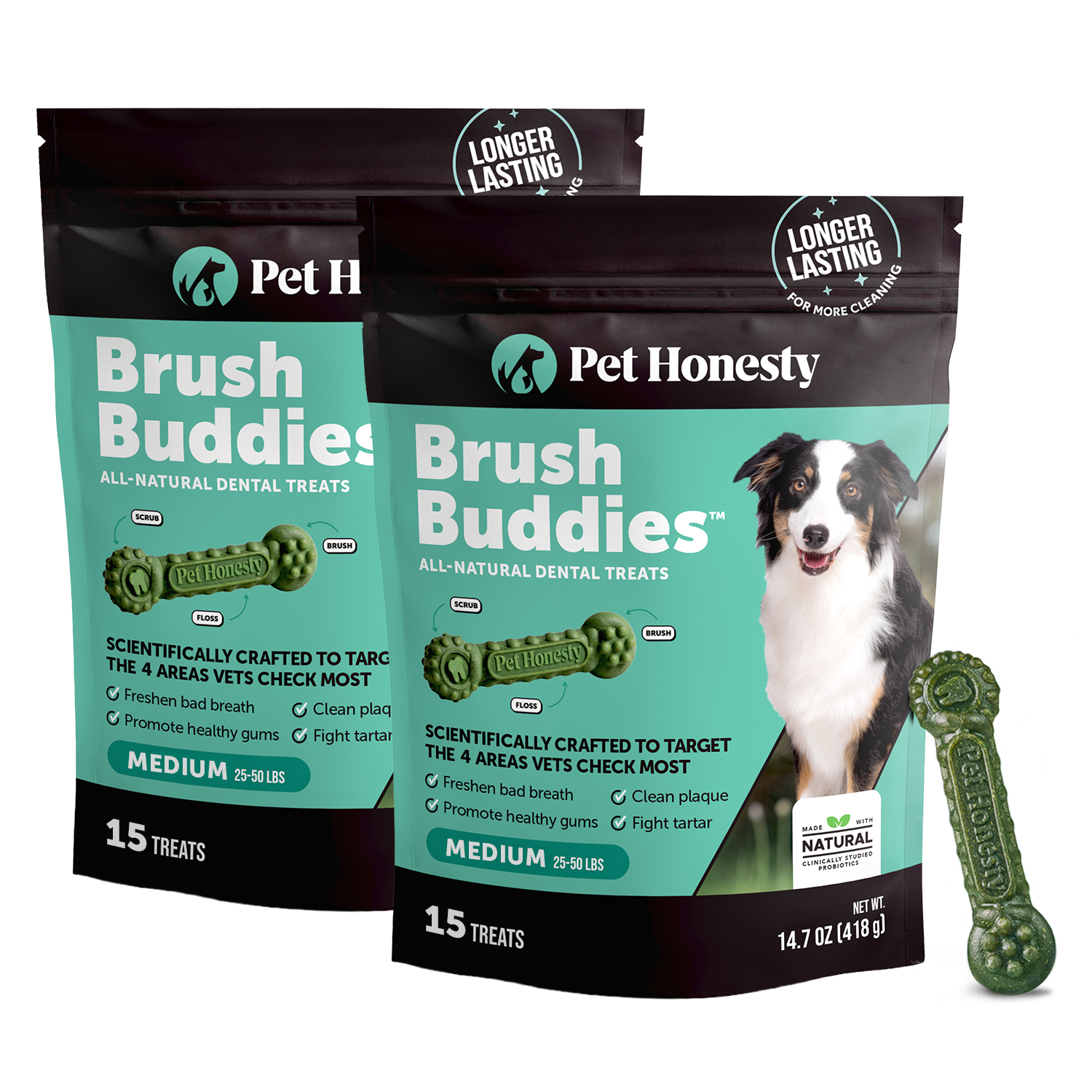 Front view of Brush Buddies all-natural dental treats two-pack with green dental chew bone and medium 25 to 50 pound size packaging