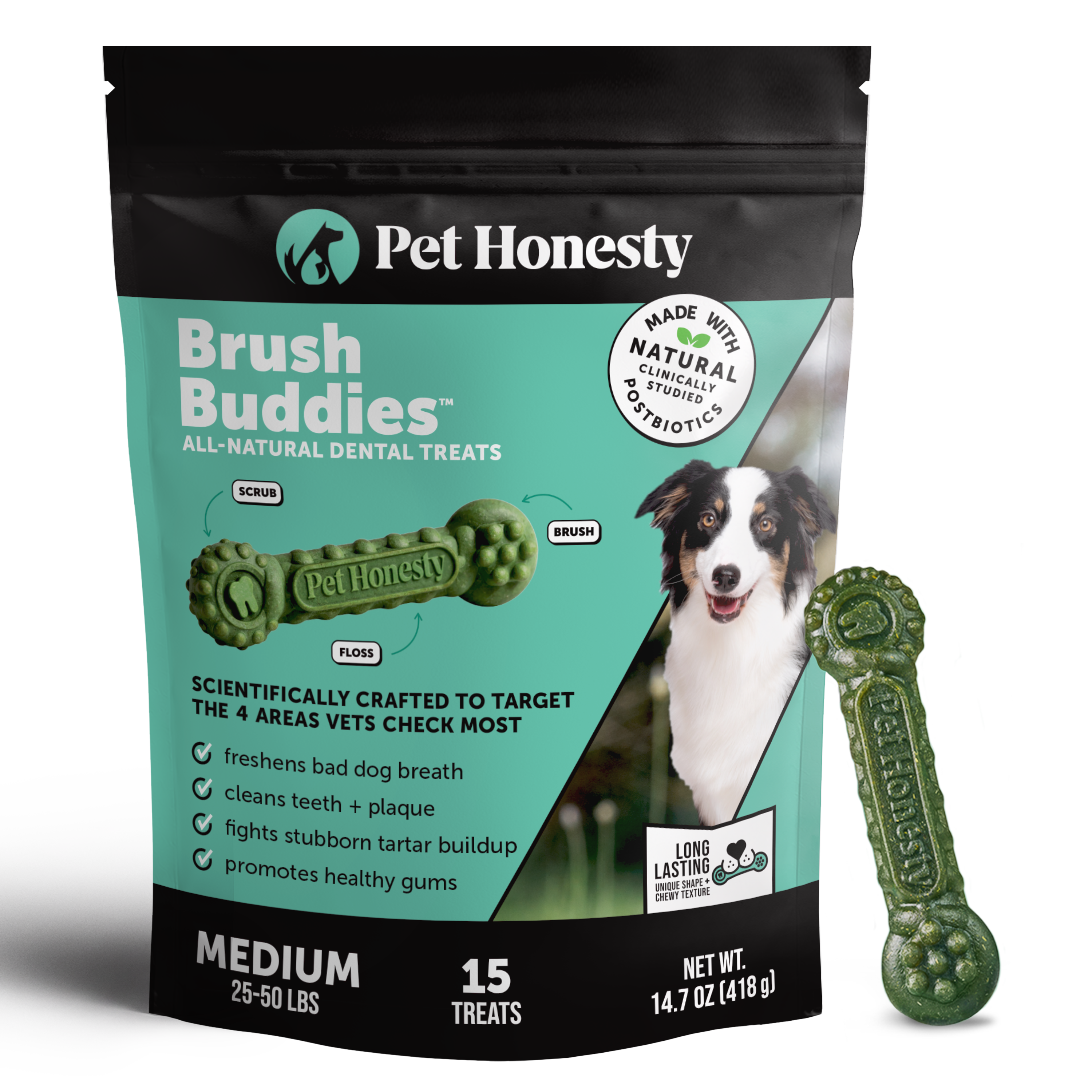 Brush Buddies All-Natural + Long Lasting Dental Treats for Medium Sized Dogs - 15 Count