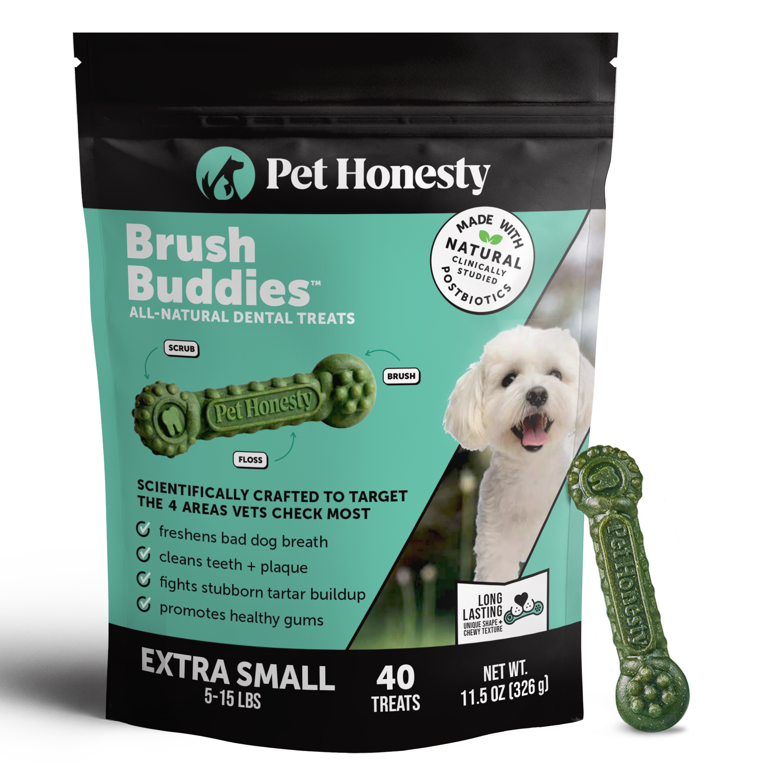 Brush Buddies All-Natural + Long Lasting Dental Treats for Extra Small Sized Dogs - 40 Count