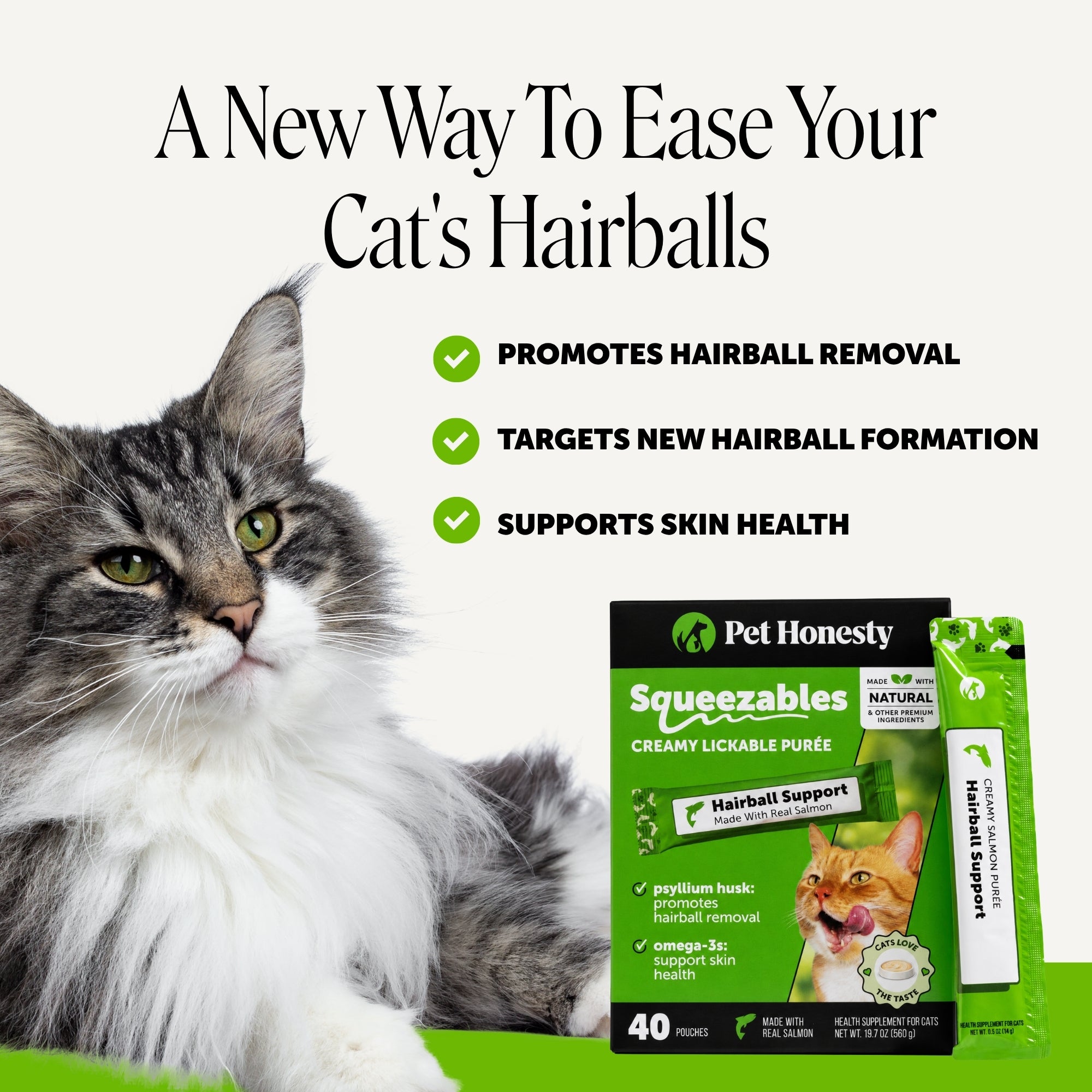 Squeezables Hairball Support Supplement for Cats, 40 Pouches