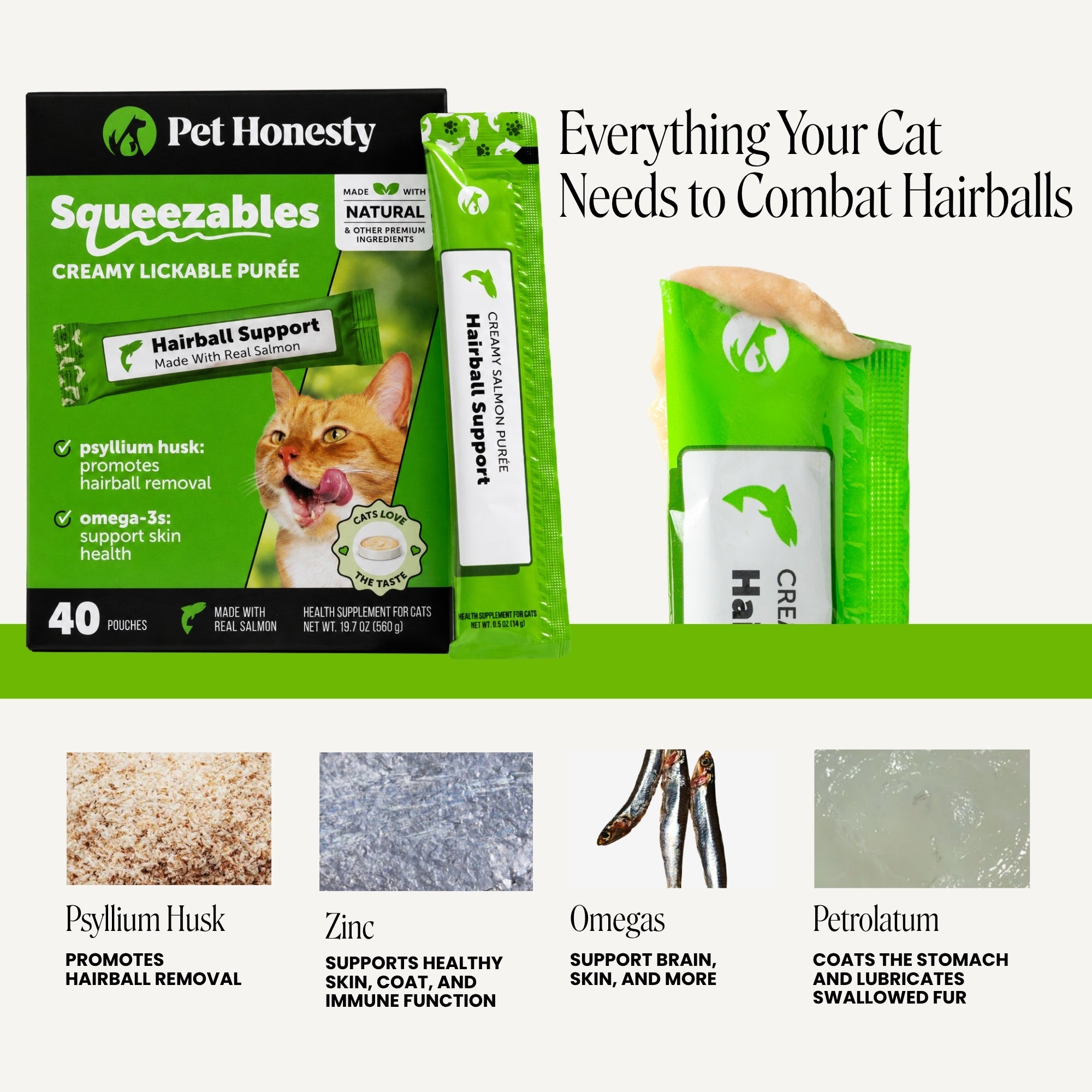Squeezables Hairball Support Supplement for Cats, 40 Pouches