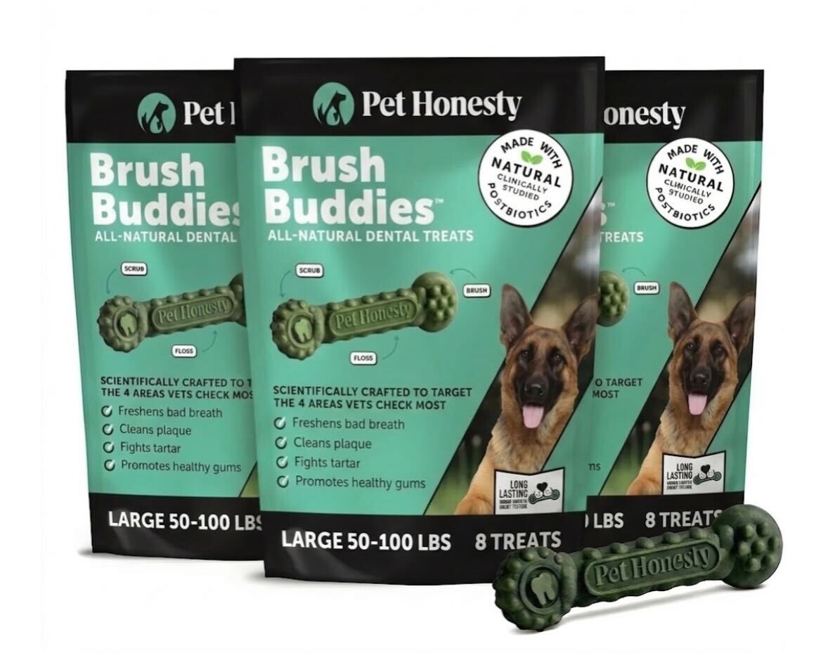 Brush Buddies All-Natural + Long Lasting Dental Treats for Large Sized Dogs - 3 Pack (24 Count)