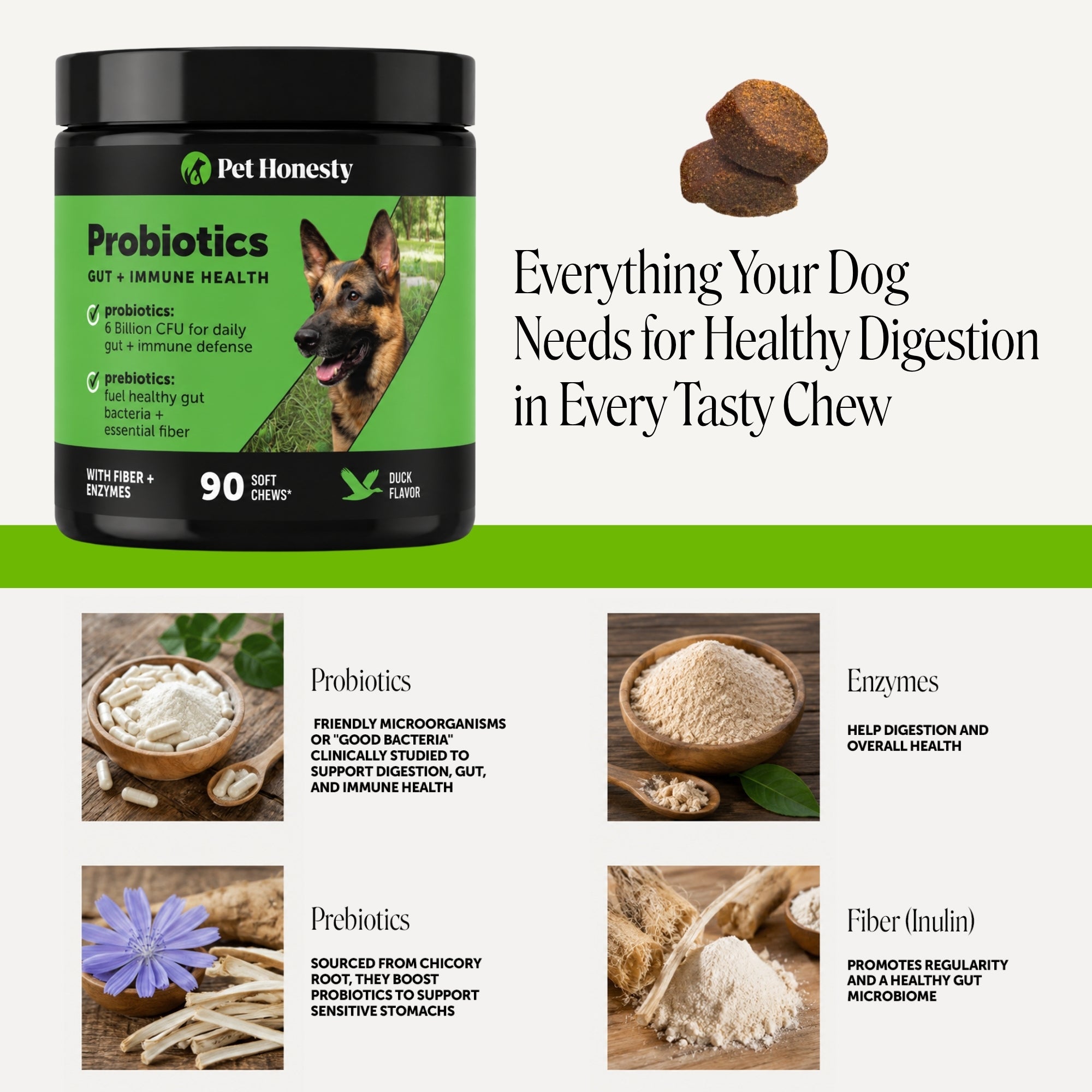 Gut + Immune Health Digestive Probiotic Chews for Dogs (Duck Flavor)