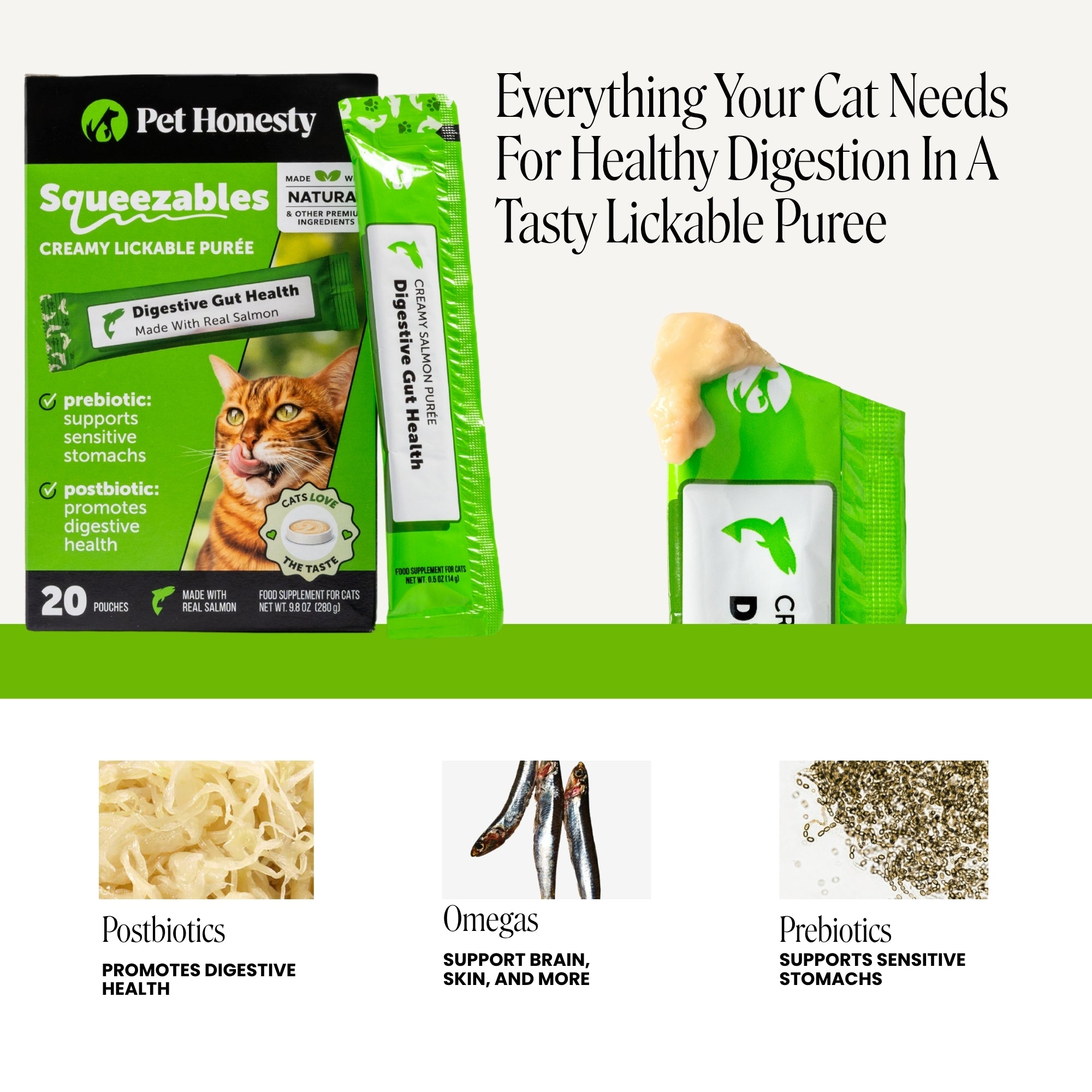 Squeezables Probiotics Gut + Immune Health Supplement for Cats, 20 Pouches