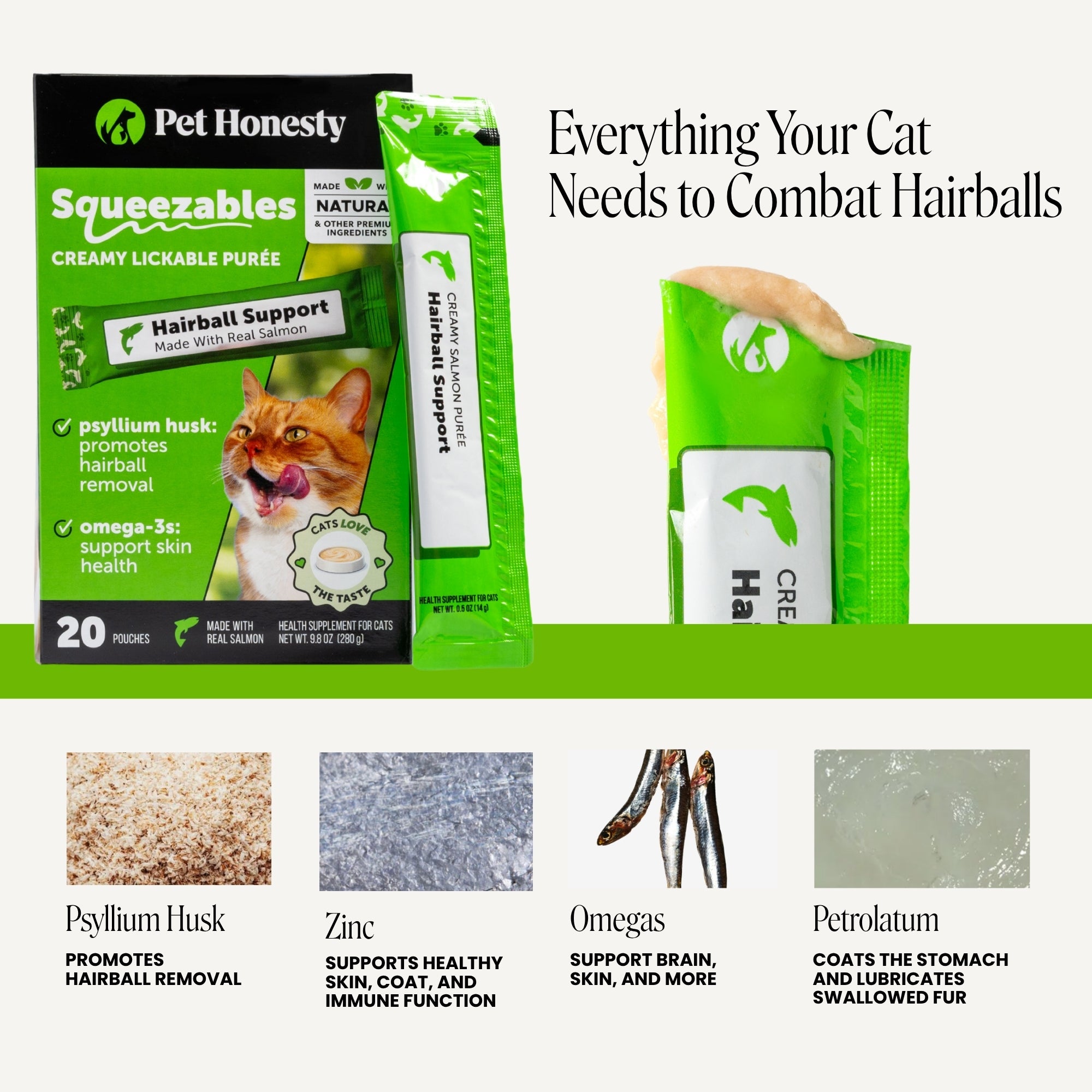 Squeezables Hairball Support Supplement for Cats, 20 Pouches