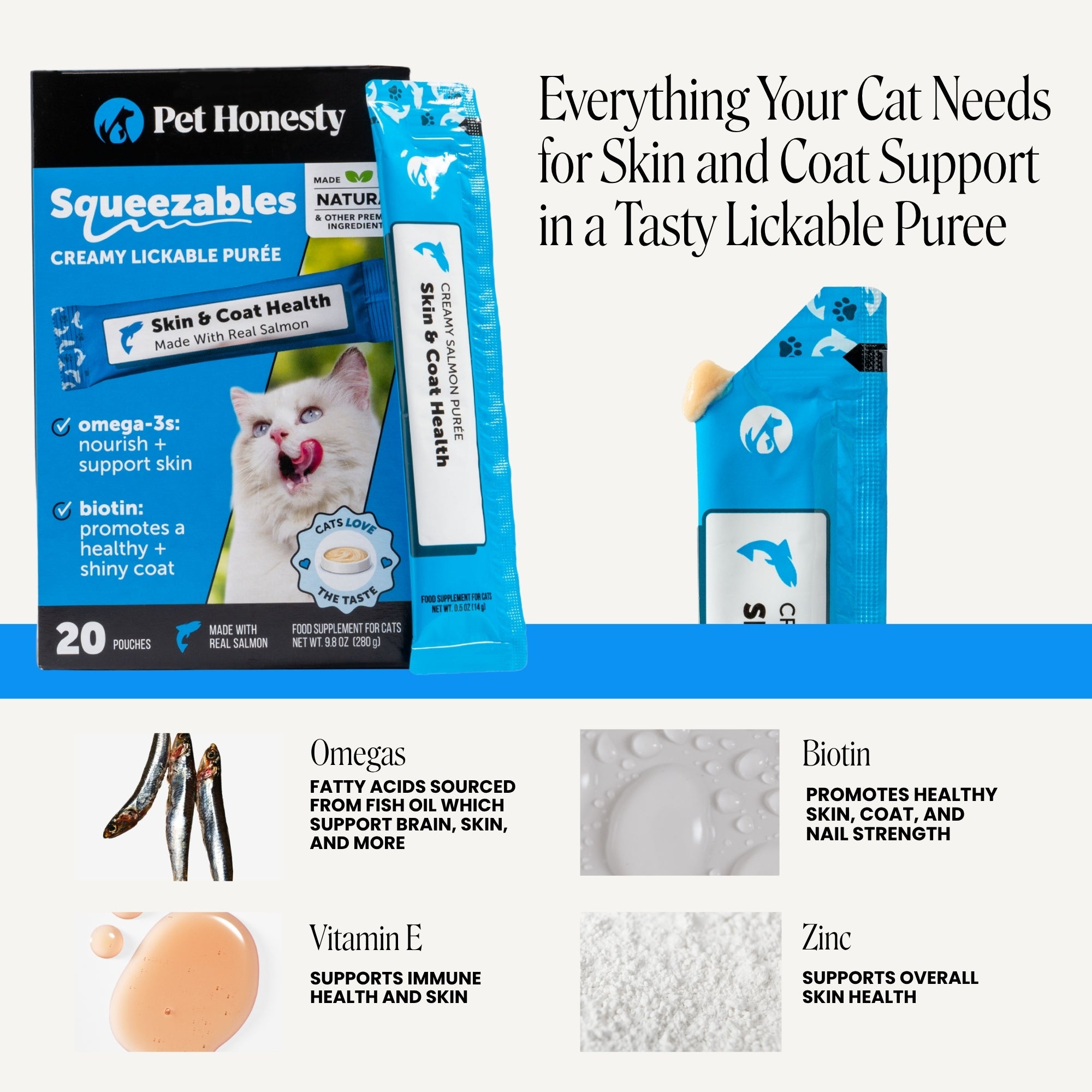 Squeezables Skin & Coat Support Supplement for Cats, 20 Pouches